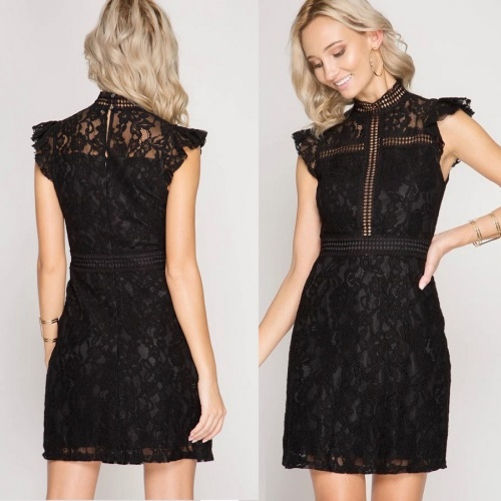 Black Floral Lace Ruffled Sleeve Floral Dress - Picture 3 of 8
